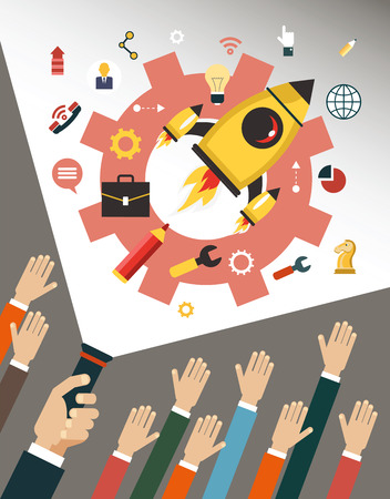 Business start infographics template. Vector concepts and icons in flat style - start up and innovation business signs and symbols. Launching and starting. Hand of man with a lantern illuminates Business icons.のイラスト素材