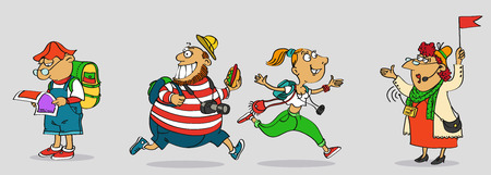 Hand drawn. Vector illustration. Cartoon. Comical tourists rush to your guide. One of the tourists stayed, looking at the map.のイラスト素材