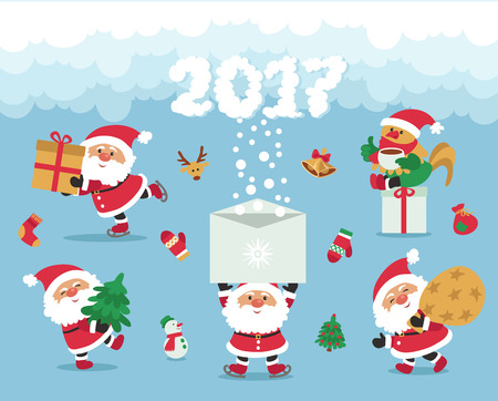 Vector. Funny cartoon. Santa Claus congratulates and gives presents. 2017 Year of the rooster.のイラスト素材