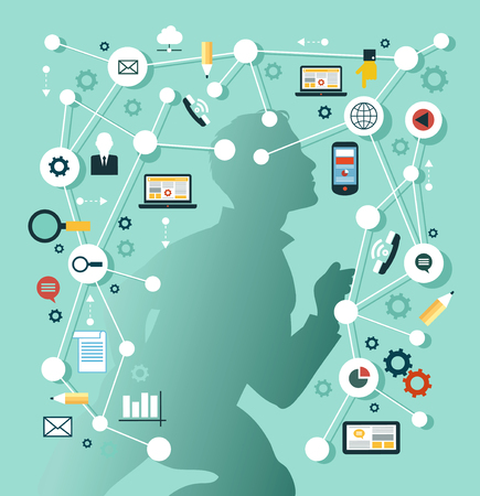Creative network concept. Silhouette of man surrounded by media icons.のイラスト素材
