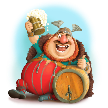 Illustration. Funny cartoon of a Viking in a helmet with a mug of beer. Sits with a barrel and shows the likes.の写真素材