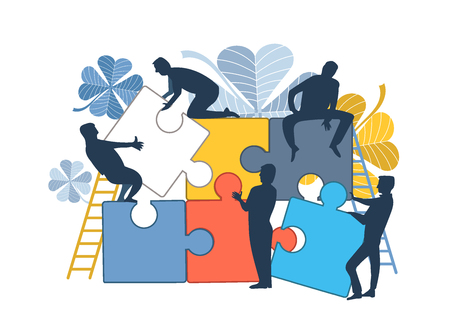 Business concept of solving cooperation, support and success in a common cause. Silhouettes of businessmen connecting puzzles. Vector flat illustration.のイラスト素材
