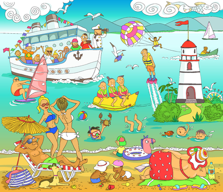 Vector. Illustration. Funny cartoon. The plot of vacationers are people on the sea beach. Fun on the water.のイラスト素材