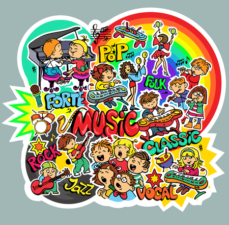Vector. Bright children's sticker on music theme. Set of objects. Vocals, Classical, Rock, Folk, Jazz, Pop.のイラスト素材