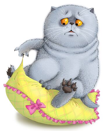 Illustration. Funny cat is clawing a pillow. Lazy portrays work.の写真素材