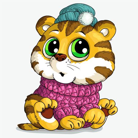 Vector illustration. Cute cartoon tiger in a hat and sweater.のイラスト素材