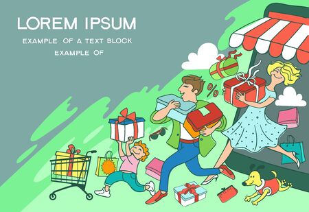 Vector illustration. E-shopping concept. Joyful buyers have successfully purchased many products.のイラスト素材