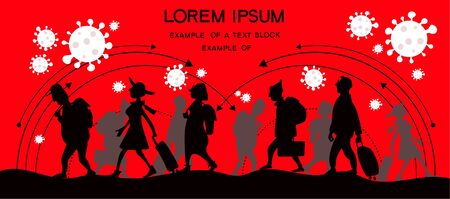 Vector illustration Silhouettes of people, tourists, migrating around the world. Allegory of the spread and infection of coronavirus among the population. The need for quarantine.のイラスト素材