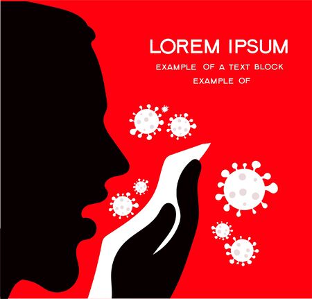 Profile silhouette of a man who coughs. Hand with mask covers nose and mouth. Prevention and protection against viruses. Information of the population. Place for text.のイラスト素材