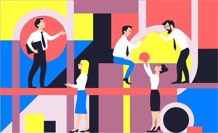 Modern vector, abstract, flat illustrations. A group of like-minded people. A business team that organizes its workflow. The concept of the decision of cooperation, support and success.のイラスト素材