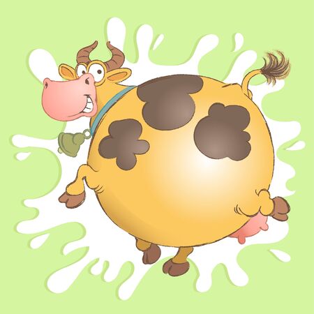 Funny vector drawing. Merry cow in the shape of a ball jumps on a background of milk splashesのイラスト素材