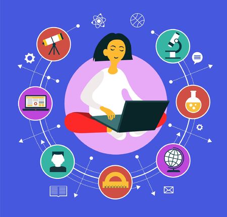 Girl sitting with a laptop surrounded by education icons. Learning process. Vector graphics.