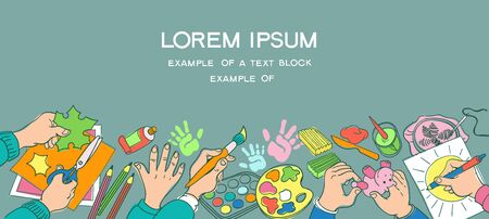 Vector illustration. Ð¡reativity concept. Poster with place for text. Lessons in drawing, modeling, application, embroideryのイラスト素材