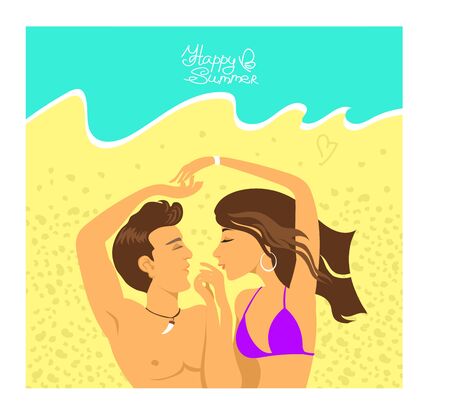 Vector illustration of a sunny beach. Beach background. Loving couple sunbathe on the sea sand.のイラスト素材