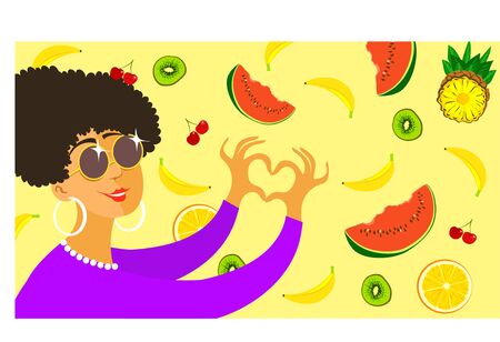 Modern background. Vector. Bright summer illustration. Joyful girl surrounded by fruits shows her heart with fingers.のイラスト素材