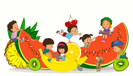 Bright colorful illustration. Happy children play among huge fruits. The concept of summer, health, vitamins. Holiday, vacationのイラスト素材