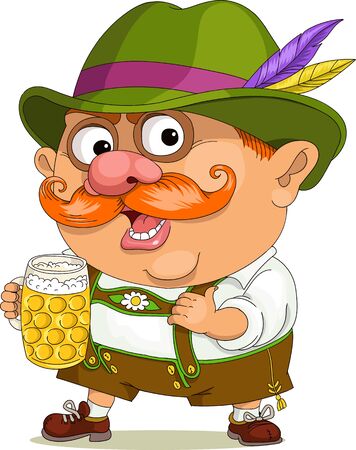 Vector funny cartoon. A joyful Bavarian is standing with a large mug of beer in a national costume.のイラスト素材