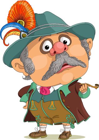 Vector funny cartoon. Bavarian in national costume with a smoking pipe in his hand.のイラスト素材