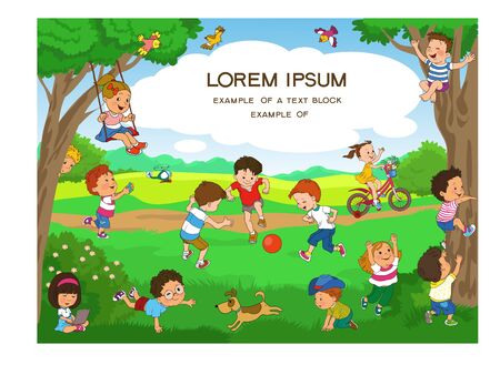 Vector illustration. Cheerful children play in the forest on a summer day.のイラスト素材