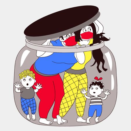 Vector illustration. Allegory Self-isolation of the family. Coronavirus epidemic. How to maintain social distance and avoid psychological problems.のイラスト素材