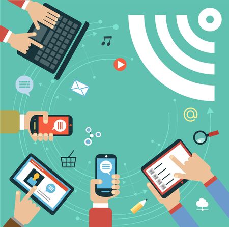 Vector illustration concept Wi-fi. Hands with gadgets and signal reception.のイラスト素材