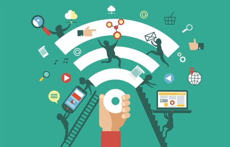 Vector illustration of wifi concept. Silhouettes of people with gadgets and signal reception surrounded by internet icons.のイラスト素材