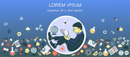 Vector graphics. The boy reads enthusiastically surrounded by education icons. The concept of individual lessons. The popularity of books.のイラスト素材
