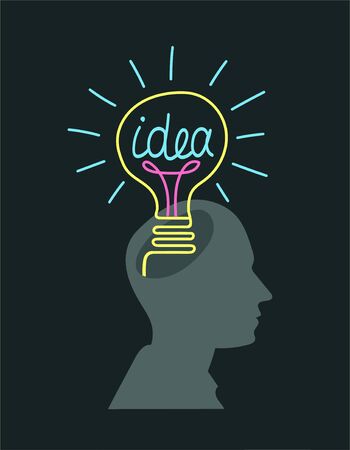 Vector. Head of a man with a bright thought. In the form of a brightly burning light bulb. Concept of idea and creativity.のイラスト素材