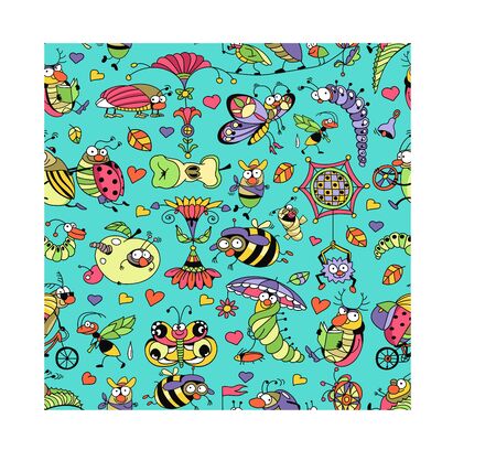 Vector. Multicolored bright seamless pattern. Funny doodle diverse insects.のイラスト素材