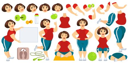 Vector flat isolated illustration. Set for creating female character for animation. Yoga, fitness, gymnastics. Full length, squat, front, side, accessories, poses, emotions, gestures.のイラスト素材