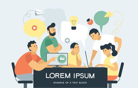 Vector flat illustration. A group of businessmen are having a dialogue. Jointly discussing new projects, a successful career. Speech bubbles. With place for text.のイラスト素材