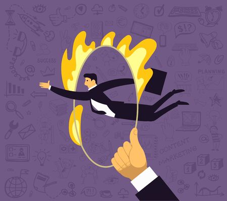 Vector illustration. A man jumps through a ring of fire. Surrounded by drawings on a business theme. The concept of risk in office work, a clear calculation, growth, determination and competitiveness.のイラスト素材