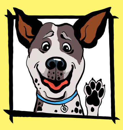 Vector illustration. Sketch. Funny portrait of a dog in a frame on a yellow background. Print for clothes, avatar, postcards.のイラスト素材