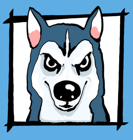Vector illustration. Sketch. Funny portrait of a dog in a frame on a blue background. Print for clothes, avatar, postcards.のイラスト素材