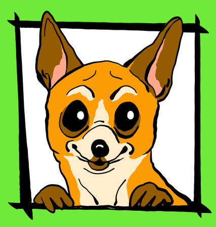 Vector illustration. Sketch. Funny portrait of a dog in a frame on a green background. Print for clothes, avatar, postcards.のイラスト素材