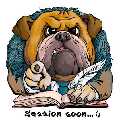 Vector illustration. Funny cartoon. A parody portrait of a stern bulldog university professor warning a student of an upcoming session. With an inscription. Drawing for T-shirts, postcards.のイラスト素材