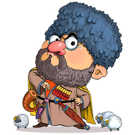 Vector cartoon. Vector illustration. Funny cartoon Caucasian man in national costume. Standing proudly next to the rams.のイラスト素材