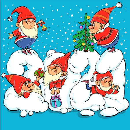 Vector illustration. Funny cartoon. Funny Santa Clauses Have Fun on Snow Numbers 2021のイラスト素材