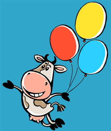 Vector cartoon animal. Cheerful funny cow with balloons is flying. On a blue background. The concept of business, advertising, trade, profit, bonuses, discounts and promotions.のイラスト素材