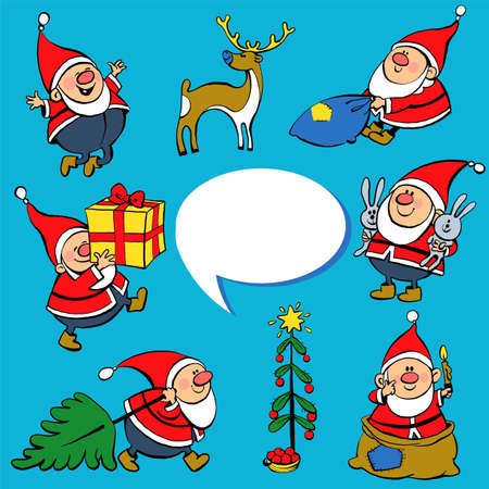 Vector illustration. Funny cartoon. Cheerful Santa Clauses with speech bubble. A set of objects for a festive Christmas design on a blue background.のイラスト素材