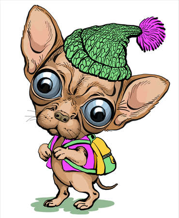 Vector illustration. Cartoon caricature. Funny chihuahua dog puppy with a backpack on his back and a hat on his head.のイラスト素材