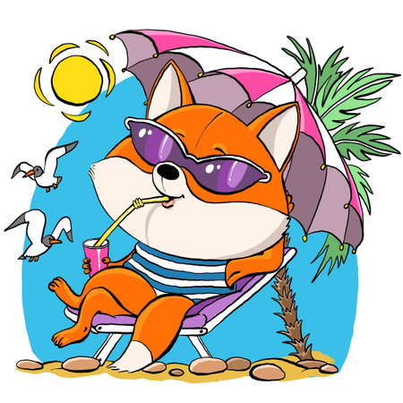 Vector cartoon. Cute red fox sits under an umbrella on the beach in summer. Against the background of the blue sea in glasses and a drink in hand.のイラスト素材
