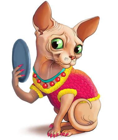 Illustration. A funny sphinx cat in a pink sweater and manicure looks in the mirror and admires himself. He looks playful.の写真素材
