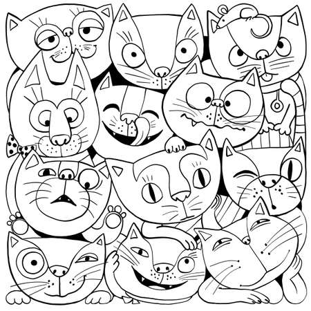 Vector illustration for coloring. Funny cartoon. Cheerful crowd of cats. Square print. Black outline on a white background.のイラスト素材