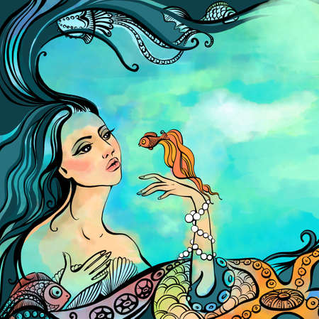 Illustration. A romantic mermaid in the sea plays with a small fish. Background for the inscription.の写真素材