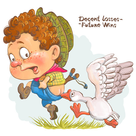 Vector humorous cartoon. A funny boy runs away from a goose that attacked him. With the phrase "Worthy losses - future victories." The concept of the ability to take a punch.のイラスト素材
