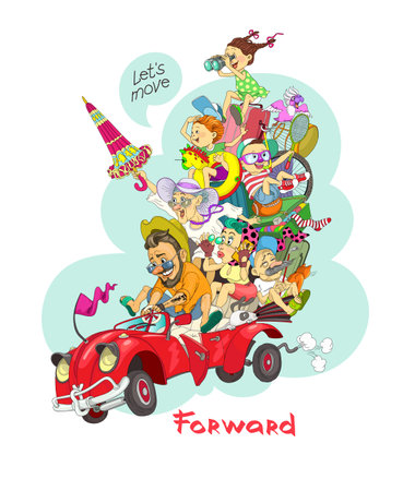 Funny vector illustration. Big friendly family travels in a retro car with the slogan under the slogan Move forward.のイラスト素材