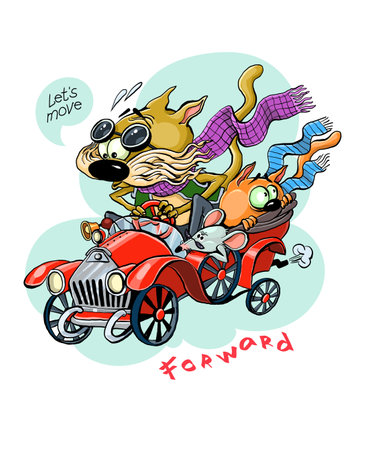 Vector color illustration. Funny characters of cat racing in an old retro car under the slogan Move Forward.のイラスト素材