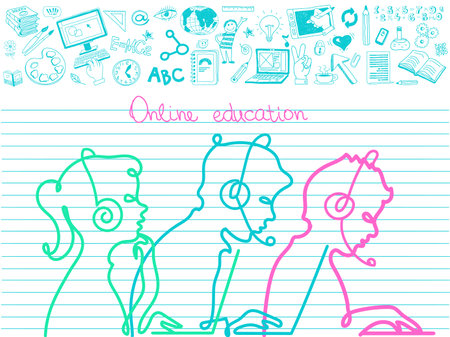 Vector. The concept of online education. E-learning. Silhouettes of teenagers studying school subjects surrounded by education icons.のイラスト素材