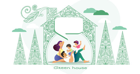 Vector. Green house. The concept of real estate construction from environmentally friendly building materials. Eco-friendly approach without waste in buildings to save the planet.のイラスト素材